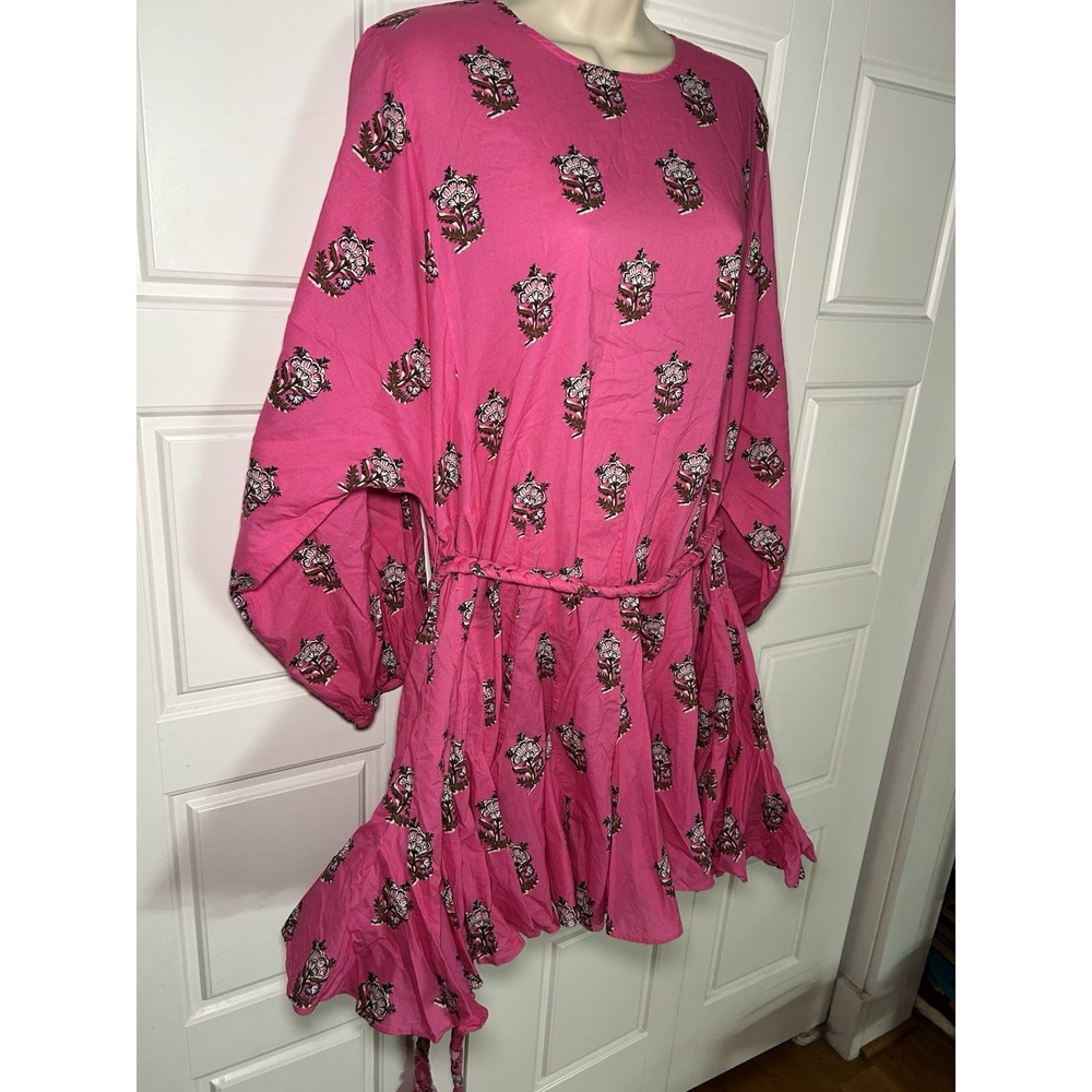 RHODE Ella Dress Pink Floral Block Print Braided Belt Mini Long Sleeve Cotton L - Picture 4 of 11